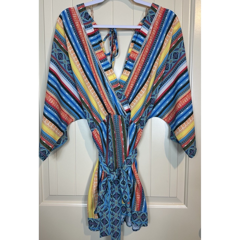 Flying Tomato Women's Pink multi color deep V shorts one piece Romper sz M GUC